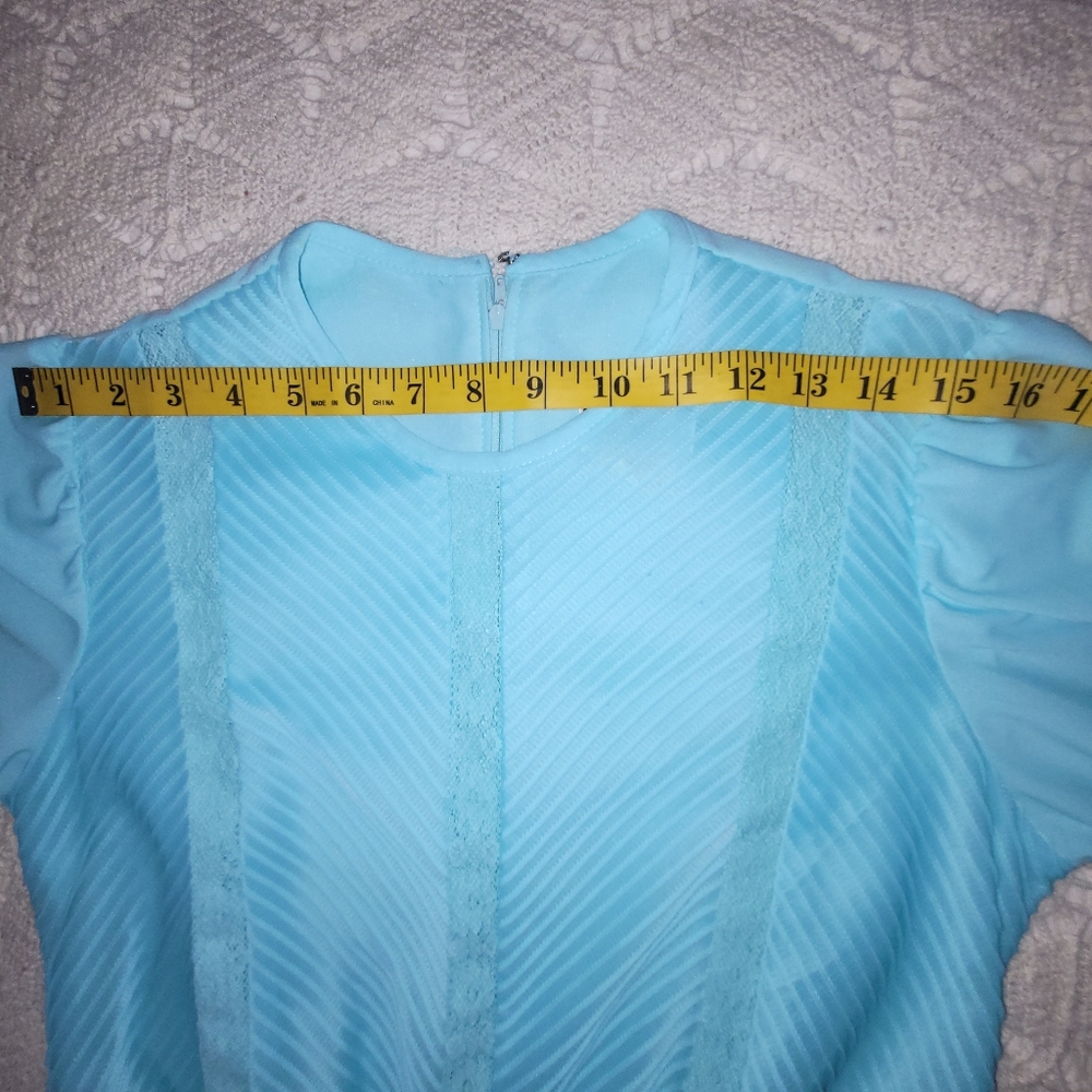 Vintage  1960s JENNIFER GEE Light Blue Pleated Textured Lines  Midi Dress  Sz 14 - Picture 10 of 13